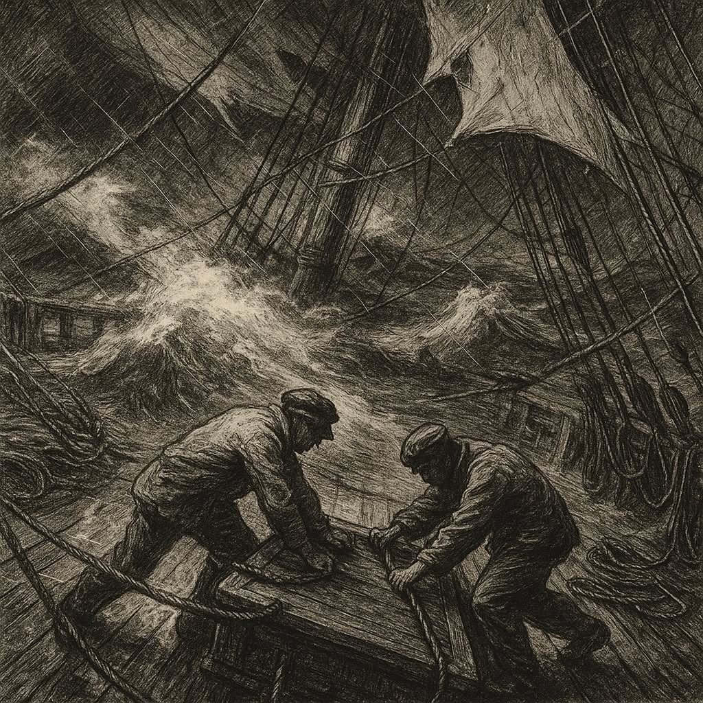 Charcoal drawing of sailors on a storm-battered deck