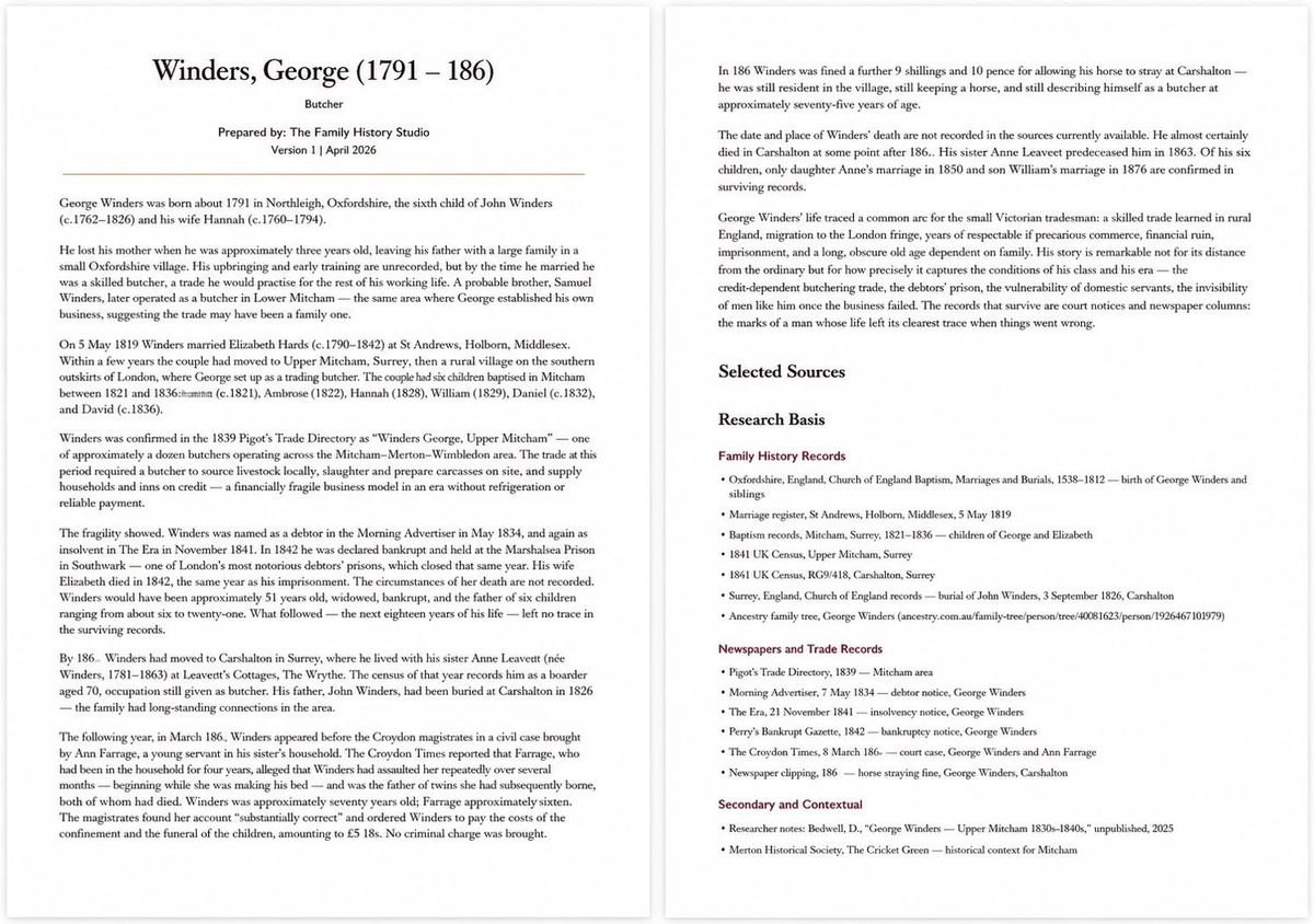 A formal one-page biography document